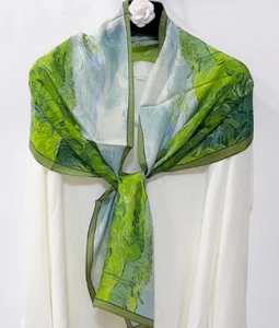 Sciarpa 100% seta raso 55x13" donna fazzoletto da collo scialle avvolgente floreale verde HD97-16 - Foto 1 di 1