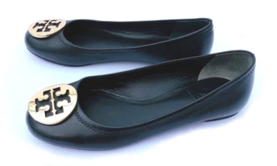 Tory Burch Oro Metal Círculo Logo Plano Negro Ballet Zapatos Suelas de Goma 6 $268 Foto 1 de 4