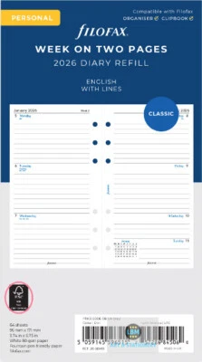 Filofax 2026 Personal Diary - Week On Two Pages with Lines Classic Refill 68418 - Image 1 of 2