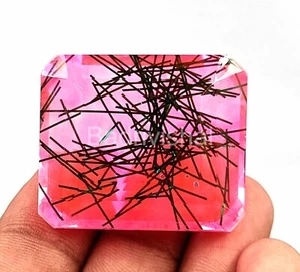 140 Ct Emerald Cut Bi-Color Rutilated Quartz Certified Loose Gemstone 24N - Picture 1 of 6