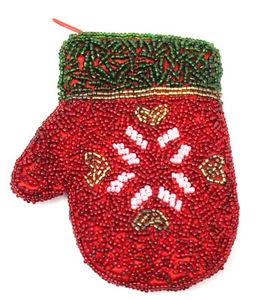 Vintage Glass Beaded Christmas Mitten Zippered Coin Purse Red Satin Lining 4" - Picture 1 of 5