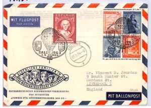 AUSTRIA BALLOON MAIL Cover Air Mail Charity Salzburg GB Liverpool 1954 YW139 - Picture 1 of 12
