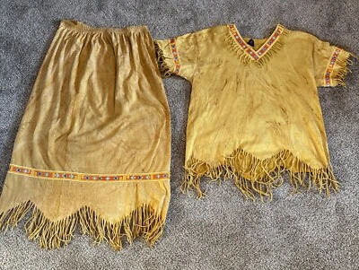 Vintage Factory Artwear Costume 2-pc Skirt Set Brown Am. Indian Trim Fringe Sz L - Image 1 of 4
