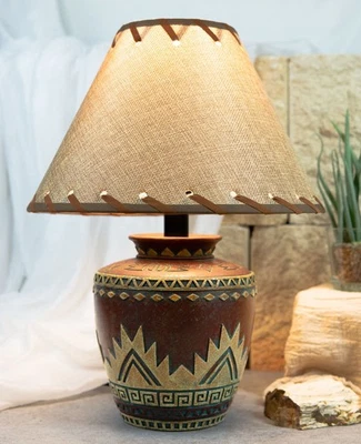 Indian Tribal Southwest Navajo Vector Red Petite Vase Table Lamp W/ Burlap Shade - Image 1 of 4