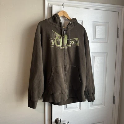 Y2k Volcom Hoodie Mens XL Brown Full Zip Sweatshirt Graphic Logo Skate Style - Image 1 of 4