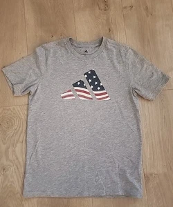Adidas Shirt Youth Medium Boys 10/12 Flag Patriotic USA Gray Logo Short Sleeve - Picture 1 of 3