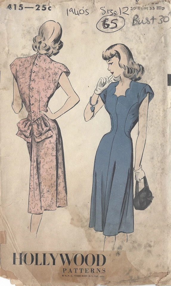 1940s Vintage Sewing PATTERN B30" DRESS (65) HOLLYWOOD PATTERN - Image 1 of 1