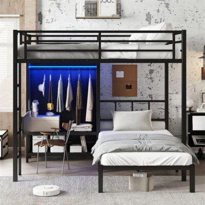 Full XL Over Twin Metal Bunk Bed with Folding Desk,Open Closet & LED Light,Black - Image 1 of 4