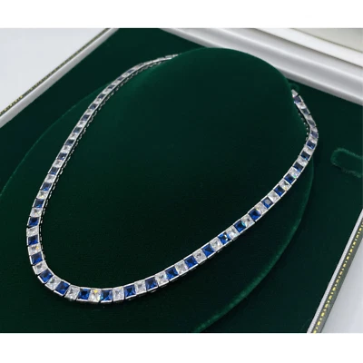 WHITE GOLD FINISH Square Cut Blue Sapphire and Created Diamond Necklace - Image 1 of 4