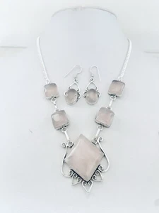 Juego de collar de cuarzo rosa y plata enchapado 46 cm y pendientes 38,1 mm piedras preciosas - Imagen 1 de 3