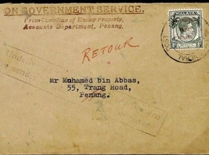 MALAYA RETOUR WW2 Interrupted Official OGS CUSTODIAN ENEMY PROPERTY c1942 U86f - Picture 1 of 6