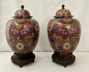 Pair Beautiful Antique Chinese Cloisonné Lidded Ginger Jars on Stands - Picture 1 of 12