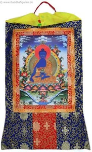 Thangka Medizinbuddha Kunstdruck im tibetischen Brokatrahmen 63 x 105 cm Nepal - Bild 1 von 3