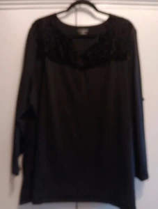 Catherines 26/28W Black Shirt 3/4 sleeve Velvet Burnout Yoke V Neck 3X Stretch - Picture 1 of 10