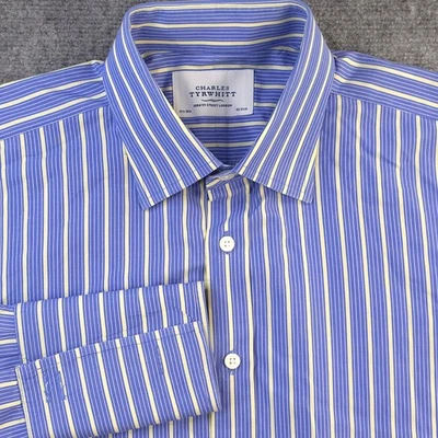 Charles Tyrwhitt Dress Shirt 16.5 36 Blue Yellow Vertical Striped French Cuff - Image 1 of 4