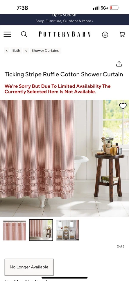 Pottery Barn Red And White Ticking Stripe Ruffled Shower Curtain - 72x72 Inches - Image 1 of 4
