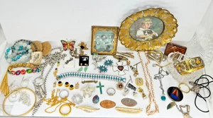 Costume jewelry lot antique photo plates gold silver tone sterling pins bracelet - Picture 1 of 21