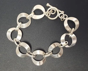 Curved Circle Link 925 Sterling Silver Bracelet 7-1/2" L Vintage O Toggle Clasp - Picture 1 of 19