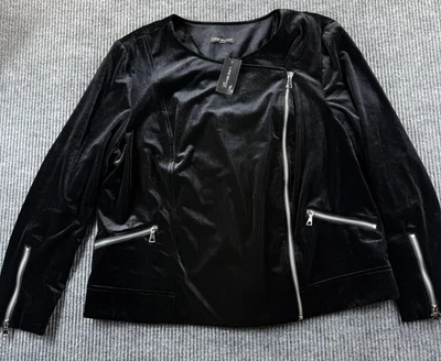 Chaqueta Lane Bryant Mujer 14/16 Terciopelo Negro Moto Bolsillos con Cremallera Nueva Con Etiquetas Foto 1 de 4