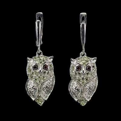 925 Sterling Silver Earrings Round Peridot Rhodolite Garnet Gemstone Owl Jewelry - Image 1 of 4