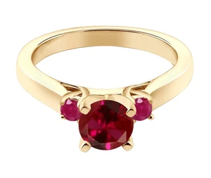 925 Silver Yellow Gold Plated 1.26 Ct Created Red Ruby Three Stone Women's Ring - Picture 1 of 4