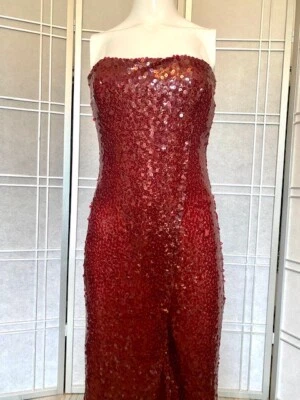 Stunning Vintage Richard Tyler Couture 1990's Ruby Red Sequin Strapless Gown - S - Image 1 of 4