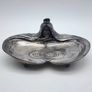 Small Vintage Art Nouveau - Lady Head Long Flowing Hair Silver Plate Tray / Dish - Picture 1 of 18
