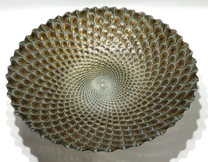 Glass Peacock Feathers Design Copper Iridescent Center Piece Bowl 13.25" Round - Picture 1 of 13