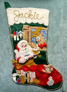 Vtg Bucilla Stocking Santa's Workshop Teddy Bear Christmas Felt Applique JACKIE - Picture 1 of 9