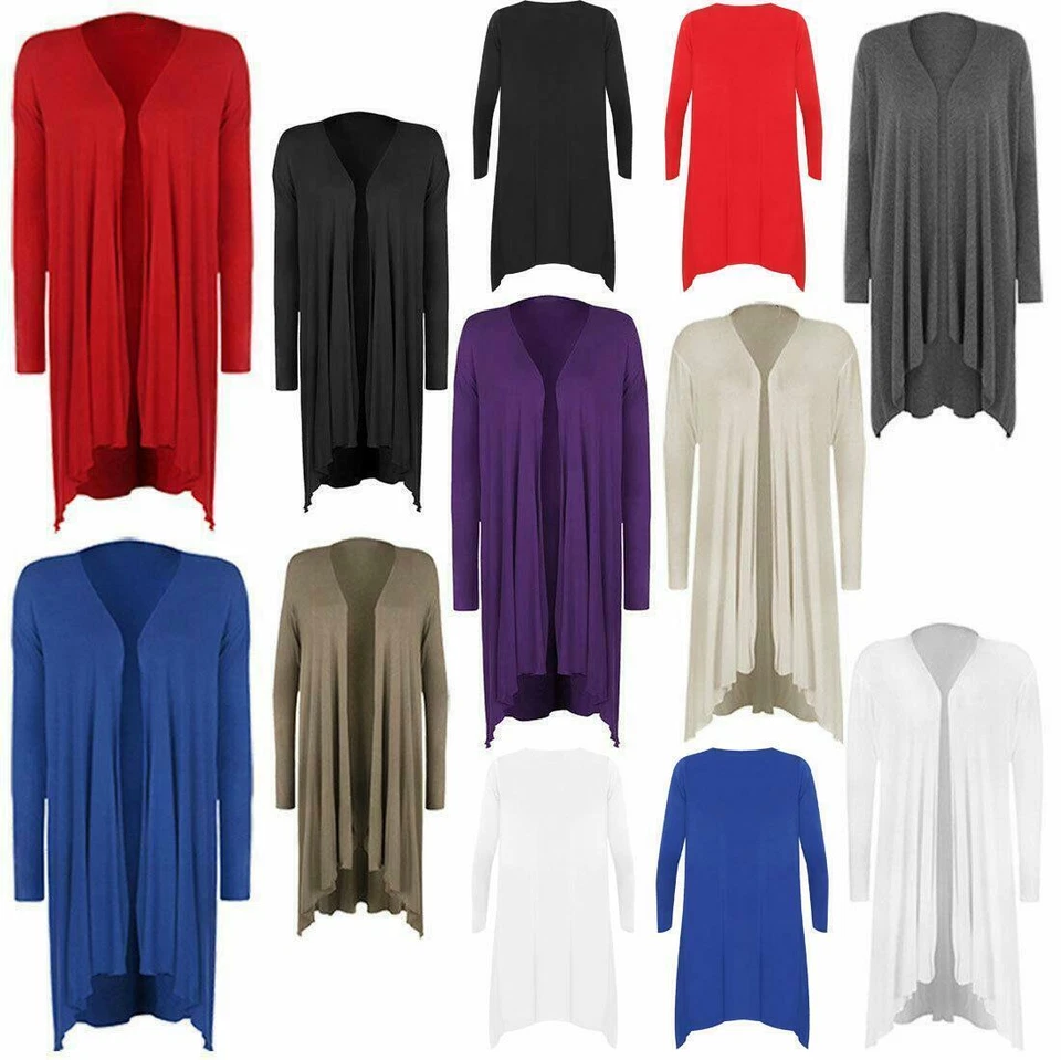 Womens Plus Size Hanky Hem Long Sleeves Waterfall Cardigan Ladies Open Tunic Top - Image 1 of 1