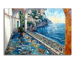 QUADRO MODERNO Capri paesaggio mare DIPINTO a mano OLIO SU TELA painting - Foto 1 di 3