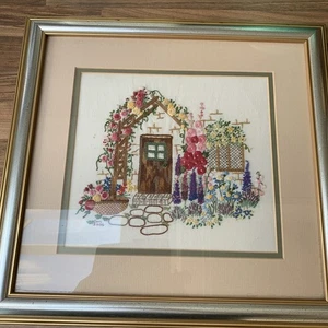 Vintage Hand Embroidered Needlepoint Cottage Garden Scene Framed Signed 2006  - Picture 1 of 8
