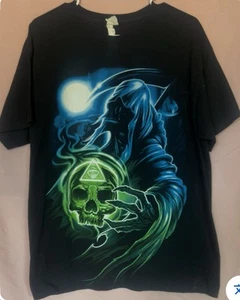 Vintage Gildan Sensenmann Sichel sehendes Auge Totenkopf Vollmond Größe XL - Bild 1 von 1