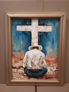 Awesome Cowboy Praying Oil Painting In Wood Frame 🎨 15 1/4 X 12 - Picture 1 of 6