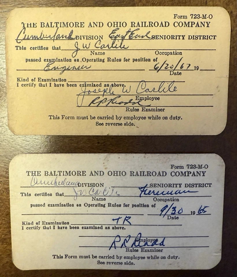 Baltimore & Ohio Railroad, Cumberland Md, Engineer Examination Cards - Image 1 of 2