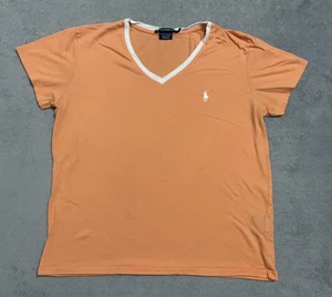 Ralph Lauren Sport Shirt Womens Large Orange White V Neck Short Sleeve Polo Tee - Picture 1 of 12
