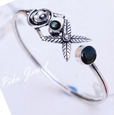 Bracciale in argento sterling 925 con pietre preziose rotonde in onice nera g... - Immagine 1 di 4