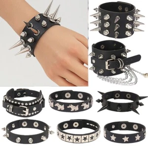 Men Women Spike Studded Rivet Bracelet Punk Goth Leather Wide Wristband Cuff - Picture 1 of 28