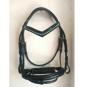 V Patent Leather Browband Noseband Bridles Blue Stone Chain Dressage in 4 Sizes. - Picture 1 of 3