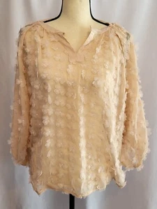 Women's Sheer Floral Top Blush/Champagne Pink Blouse Sz L Mesh 3D Flowers - Picture 1 of 10