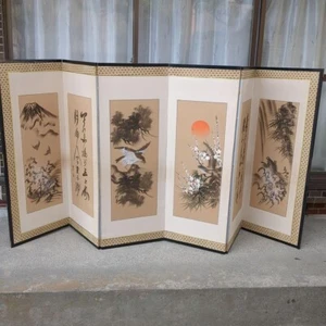Vintage Japanese Byobu Folding Screen Landscape with Mountains Trees Birds Japan - Bild 1 von 4