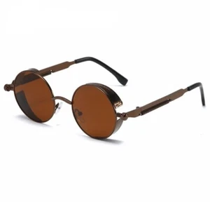 Retro Gothic Steampunk Sunglasses Brown Round Polarized Lens Brown Metal Frame - Picture 1 of 3