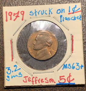 1979 P Jefferson 5c Error Struck on 1c Planchet Coppe Cent