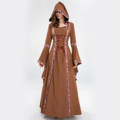 Lady Medieval Gown Dress Long Hooded Cosplay Bell Sleeve Halloween Costume Dress - Image 1 of 4