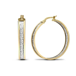 9ct 2-Colour Gold Jewelco London Frosted Meander Greek Key Hoop Earrings 30mm - Picture 1 of 3