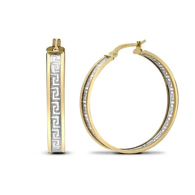 9ct 2-Colour Gold Jewelco London Frosted Meander Greek Key Hoop Earrings 30mm - Image 1 of 3