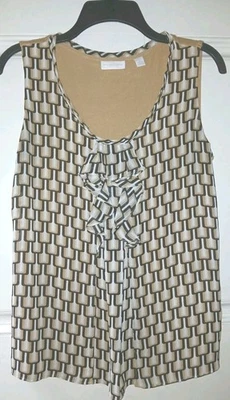 Blusa suave con volantes NewYork & Co para mujer mediana beige/negro/blanco sin mangas usada Foto 1 de 4