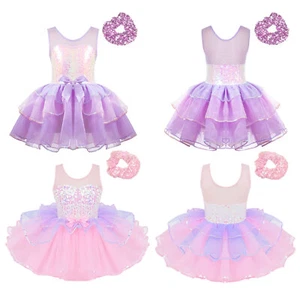 Kids Girls Gown Round Neck Tutu Dress Sequins Outfit Tulle Costume Tiered Dance - Picture 1 of 30