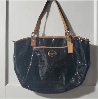 Coach "Peyton" Embossed Signature Black Patent Shoulder Bag And Wristlet  - Image 1 of 4