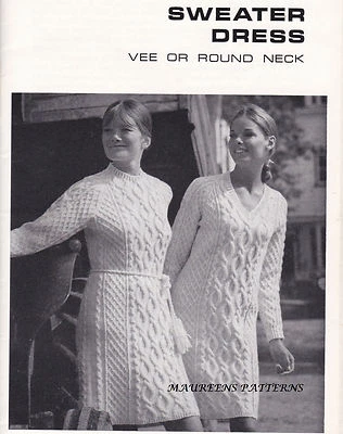 Knitting Pattern Ladies Aran Sweater Dress V & Round Neck Vintage 60s 34-38